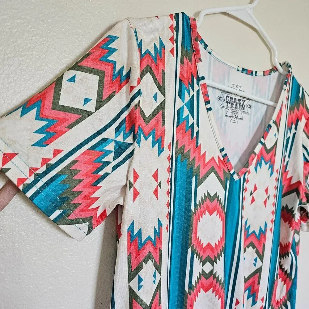 Crazy Train Serendipity Coral & Turquoise Southwestern Aztec Peplum Top Size S